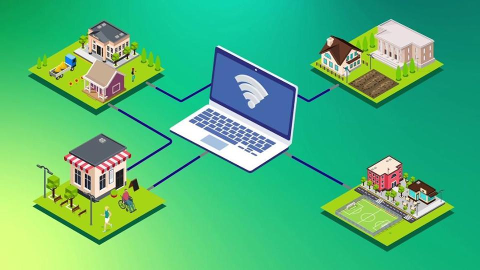 Icons von Gebäuden und Situationen des Landlebens gruppieren sich um einen Laptop mit Wifi-Symbol
