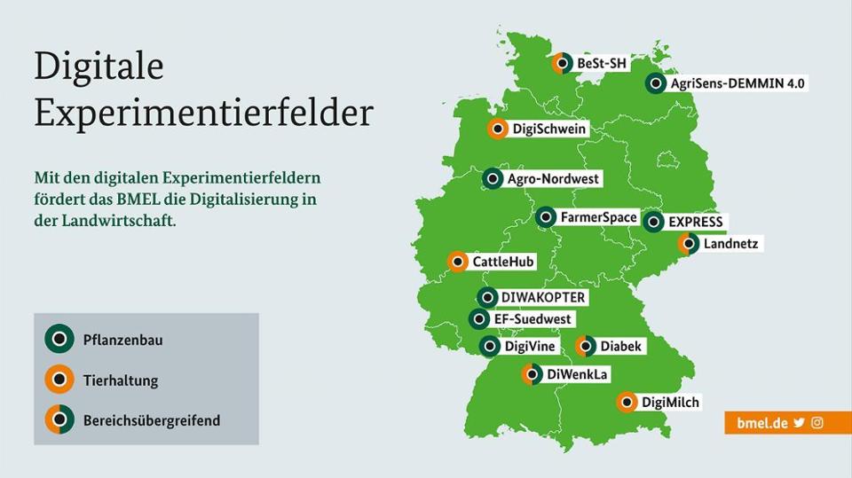 Deutschlandkarte mit den 14 Standorten der digitalen Experimentierfelder in der Landwirtschaft