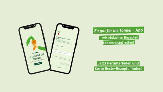 Logo der Startseite der Zu gut für die Tonne App auf einem Smartphone veranschaulicht