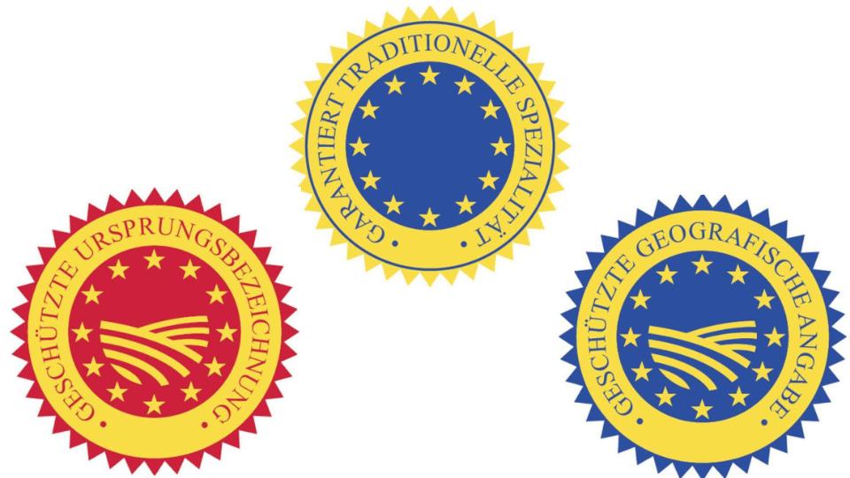 Logos für geschützte geografische Angabe, geschützte Ursprungsbezeichnung und garantierte traditionelle Spezialitäten