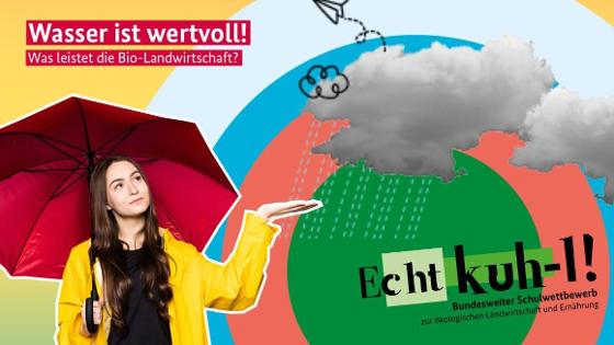 Grafik zum bundesweiten Schulwettbewerb zur ökologischen Landwirtschaft und Ernährung Echt Kuh-l 2024: Das Motto: Wasser ist wertvoll! Was leistet die Bio-Landwirtschaft?. Man sieht ein Mädchen mit einem Regenschirm und eine Regenwolke.