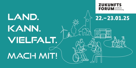 Schriftzug Zukunftsforum ländliche Entwicklung - Land.Kann.Vielfalt. - 22 - 23. 01. 2025 daneben die Zeichnung von einem Dorf Schriftzug Zukunftsforum ländliche Entwicklung - Land.Kann.Vielfalt. - 22 - 23. 01. 2025 daneben die Zeichnung von einem Dorf