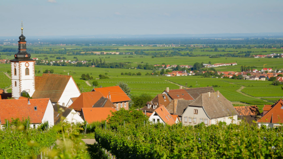 Der Blick auf ein Dorf und sein Umland