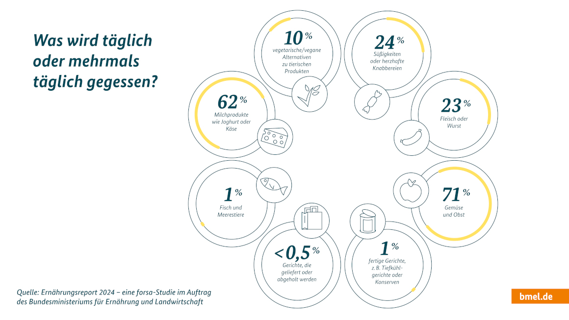 Text mit Icons: Was wird täglich oder mehrmals täglich gegessen in Prozent: 62 Milchprodukte,10 vegetarische/vegane Alternativen, 24 Süßigkeiten, 23 Fleisch/Wurst, 71 Gemüse/Obst, 1 Fertiggerichte, unter 0,5 geliefert oder außer Haus, 1 Fisch/Meerestiere Text mit Icons: Was wird täglich oder mehrmals täglich gegessen in Prozent: 62 Milchprodukte,10 vegetarische/vegane Alternativen, 24 Süßigkeiten, 23 Fleisch/Wurst, 71 Gemüse/Obst, 1 Fertiggerichte, unter 0,5 geliefert oder außer Haus, 1 Fisch/Meerestiere