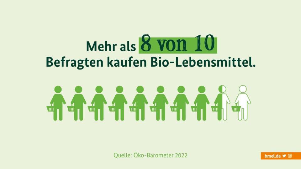 Grafik zur Einkaufshäufigkeit von Biolebensmitteln: Mehr als 8 von 10 Befragten kaufen Bio-Lebensmittel. Grafik zur Einkaufshäufigkeit von Biolebensmitteln: Mehr als 8 von 10 Befragten kaufen Bio-Lebensmittel.