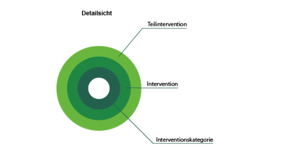 Kreisdiagramm zur Erläuterung des GAP-Dashboards in verschiedenen Grüntönen; innerer Kreis: Interventionskategorie, mittlerer Kreis: Intervention; äußerer Kreis: Interventionskategorie Kreisdiagramm zur Erläuterung des GAP-Dashboards in verschiedenen Grüntönen; innerer Kreis: Interventionskategorie, mittlerer Kreis: Intervention; äußerer Kreis: Interventionskategorie
