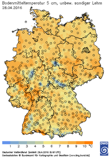 Deutschlandkarte mit der Verteilung der Bodenmitteltemperatur in 5 cm Tiefe Deutschlandkarte mit der Verteilung der Bodenmitteltemperatur in 5 cm Tiefe