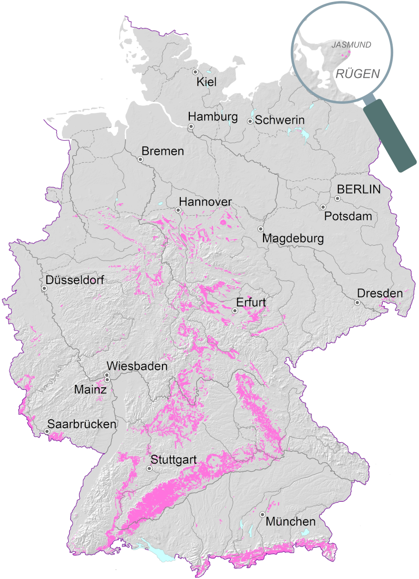 Deutschlandkarte, die Rendzina-Vorkommen in Deutschland zeigt Deutschlandkarte, die Rendzina-Vorkommen in Deutschland zeigt