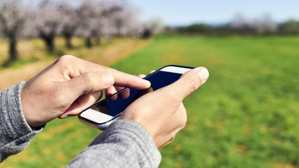 Großaufnahme von zwei Händen, eine Hand hält das Handy, die andere Hand streicht mit dem Zeigefinger über den Bildschirm - im Hintergrund eine Wiese