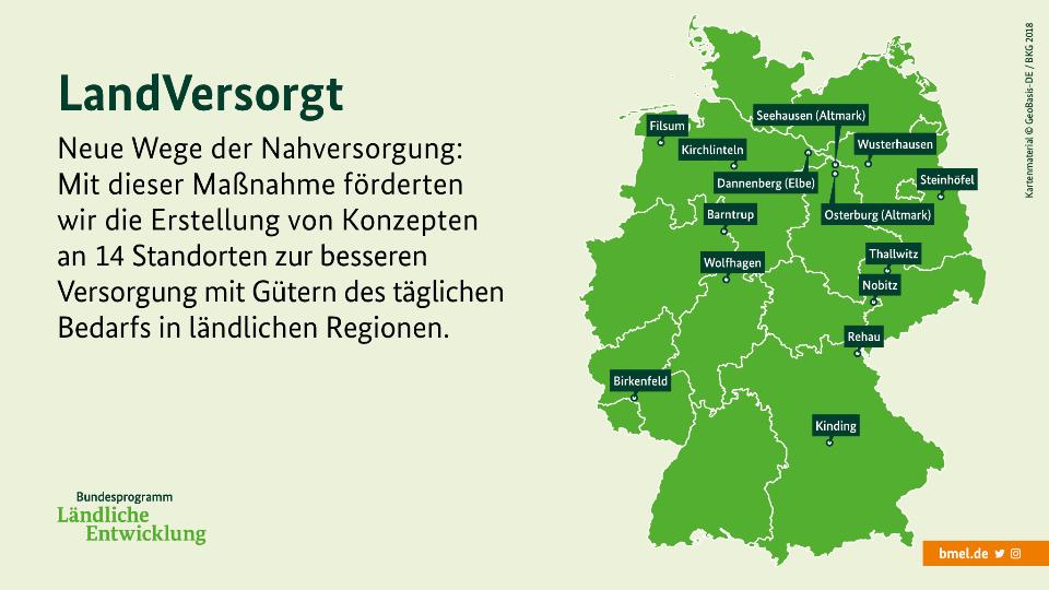 Eine Deutschlandkarte zeigt: Neue Wege der Nahversorgung - Mit dieser Maßnahme förderten wir die Erstellung von Konzepten an 14 Standorten zur besseren Versorgung mit Gütern des täglichen Bedarfs in ländlichen Regionen. 