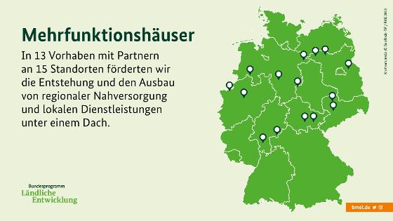 Eine Deutschlandkarte zeigt: In 13 Vorhaben mit Partnern an 15 Standorten förderten wir die Entstehung und den Ausbau von regionaler Nahversorgung und lokalen Dienstleistungen unter einem Dach. Eine Deutschlandkarte zeigt: In 13 Vorhaben mit Partnern an 15 Standorten förderten wir die Entstehung und den Ausbau von regionaler Nahversorgung und lokalen Dienstleistungen unter einem Dach.