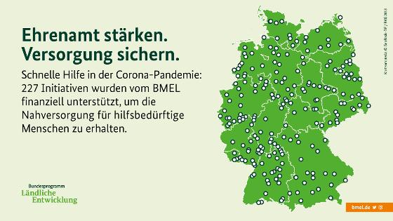 Eine Deutschlandkarte zeigt: Schnelle Hilfe in der Corona-Pandemie - 227 Initiativen wurden vom BMEL finanziell unterstützt, um die Nahversorgung für hilfsbedürftige Menschen zu erhalten. Eine Deutschlandkarte zeigt: Schnelle Hilfe in der Corona-Pandemie - 227 Initiativen wurden vom BMEL finanziell unterstützt, um die Nahversorgung für hilfsbedürftige Menschen zu erhalten.