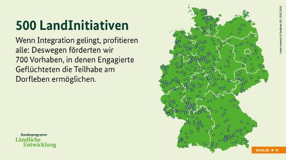 Eine Deutschlandkarte zeigt: Wenn Integration gelingt, profitieren alle - Deswegen förderten wir 700 Vorhaben, in denen Engagierte Geflüchteten die Teilhabe am Dorfleben ermöglichen. Eine Deutschlandkarte zeigt: Wenn Integration gelingt, profitieren alle - Deswegen förderten wir 700 Vorhaben, in denen Engagierte Geflüchteten die Teilhabe am Dorfleben ermöglichen.