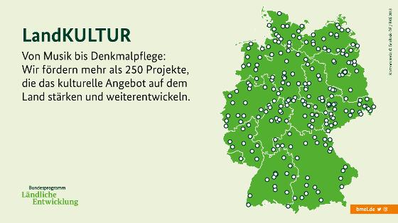 Eine Deutschlandkarte zeigt: Von Musik bis Denkmalpflege - Wir fördern mehr als 250 Projekte, die das kulturelle Angebot auf dem Land stärken und weiterentwickeln. Eine Deutschlandkarte zeigt: Von Musik bis Denkmalpflege - Wir fördern mehr als 250 Projekte, die das kulturelle Angebot auf dem Land stärken und weiterentwickeln.