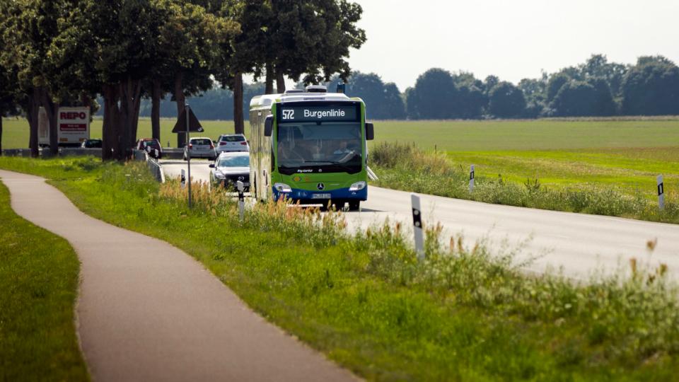 Bus fährt auf einer Landstraße, im Hintergrund Bäume, Autos und ein LKW