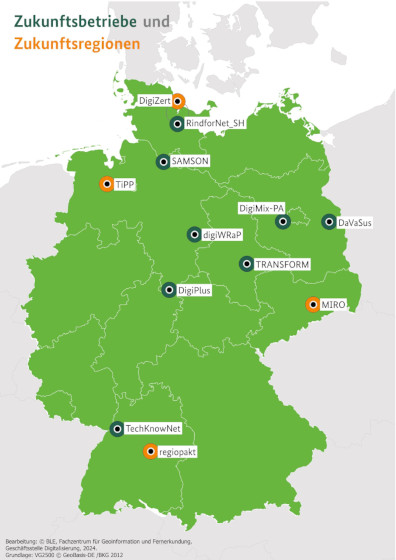 Deutschlandkarte mit den Zukunftsbetriebe und Zukunftsregionen Deutschlandkarte mit den Zukunftsbetriebe und Zukunftsregionen