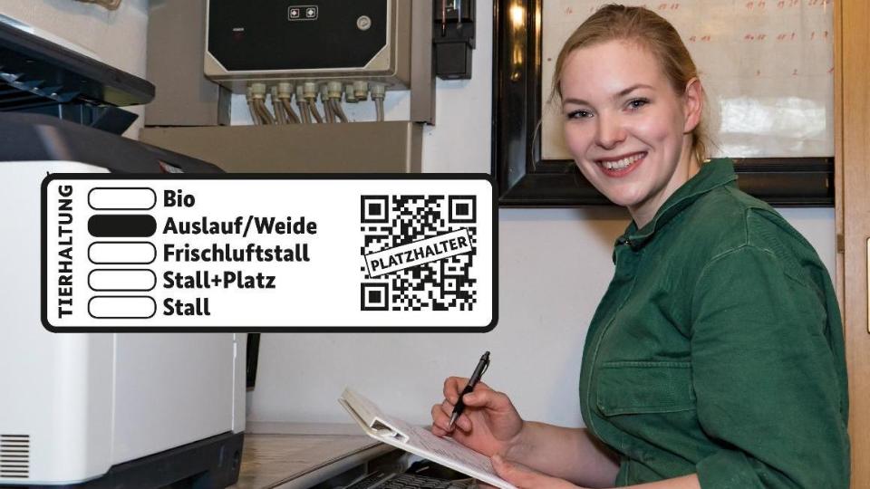 Farmer in an office. She writes something on a piece of paper. Also the state animal husbandry label is shown.